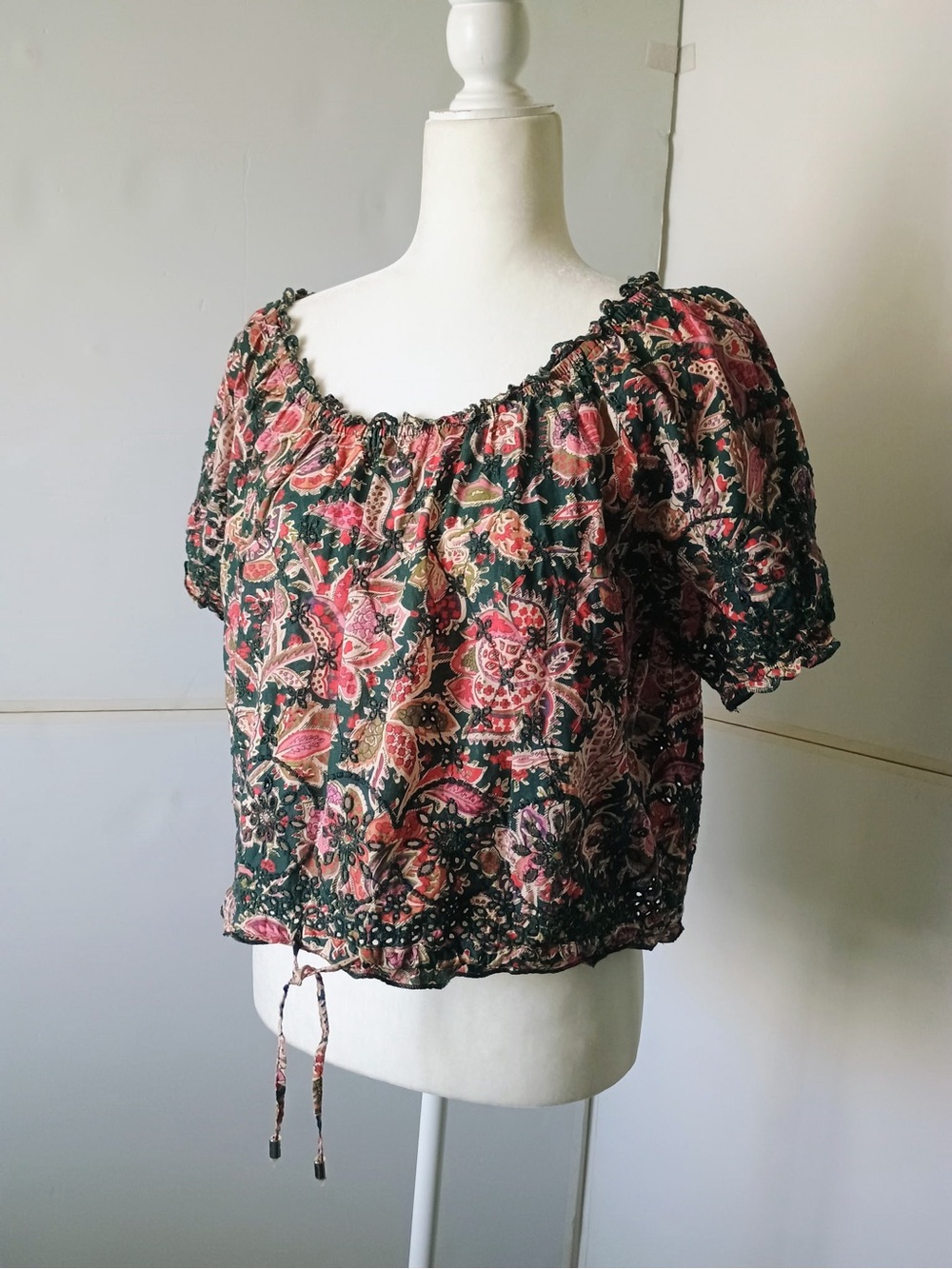 Floral Peasant Blouse in Dark Green and Pink